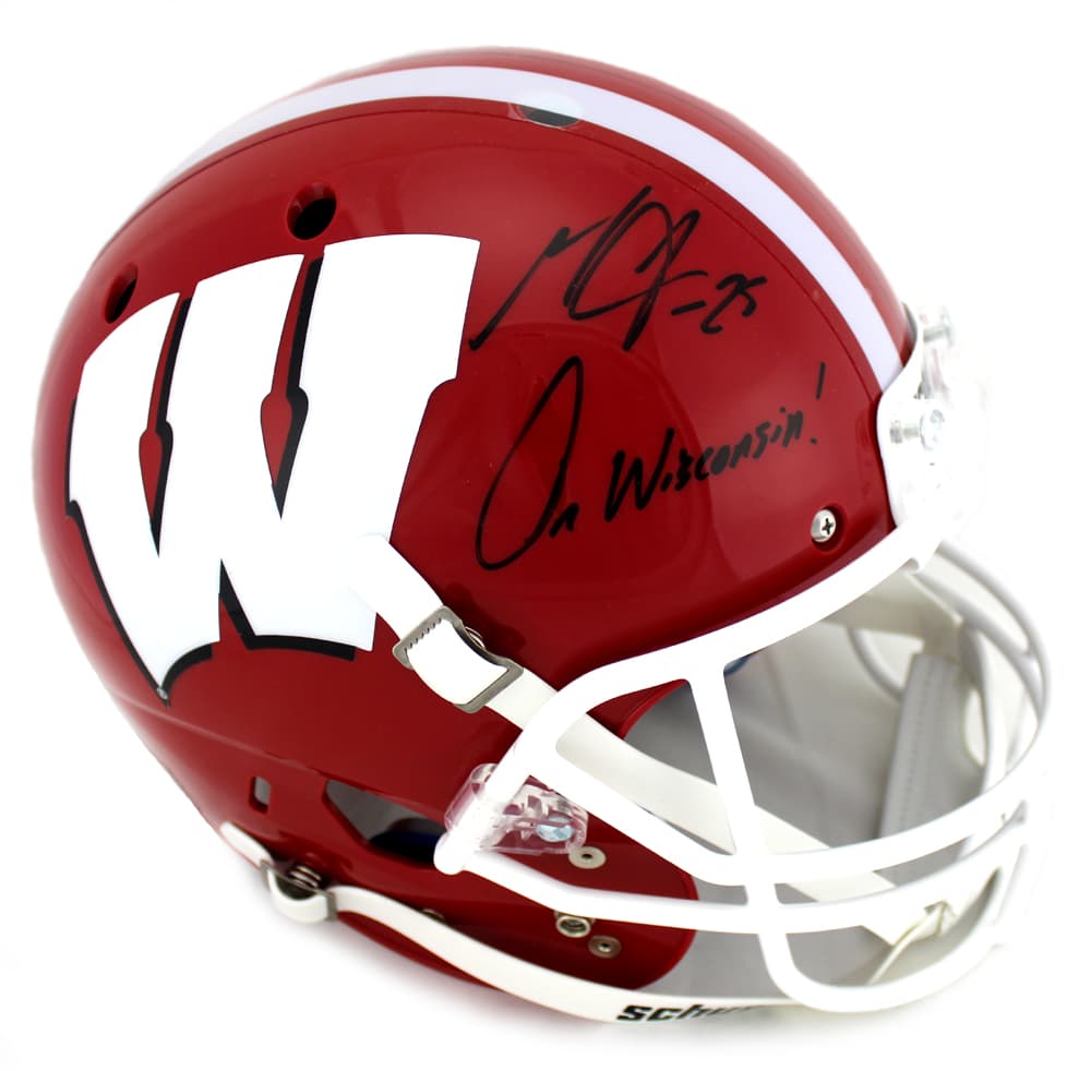 Melvin Gordon Signed Wisconsin Badgers Schutt Full Size NCAA Red & White Helmet With “On Wisconsin” Inscription Melvin Gordon Helmet melvin-gordon-wisconsin-badgers-schutt-full, Wisconsin Badgers, supplier stock photo