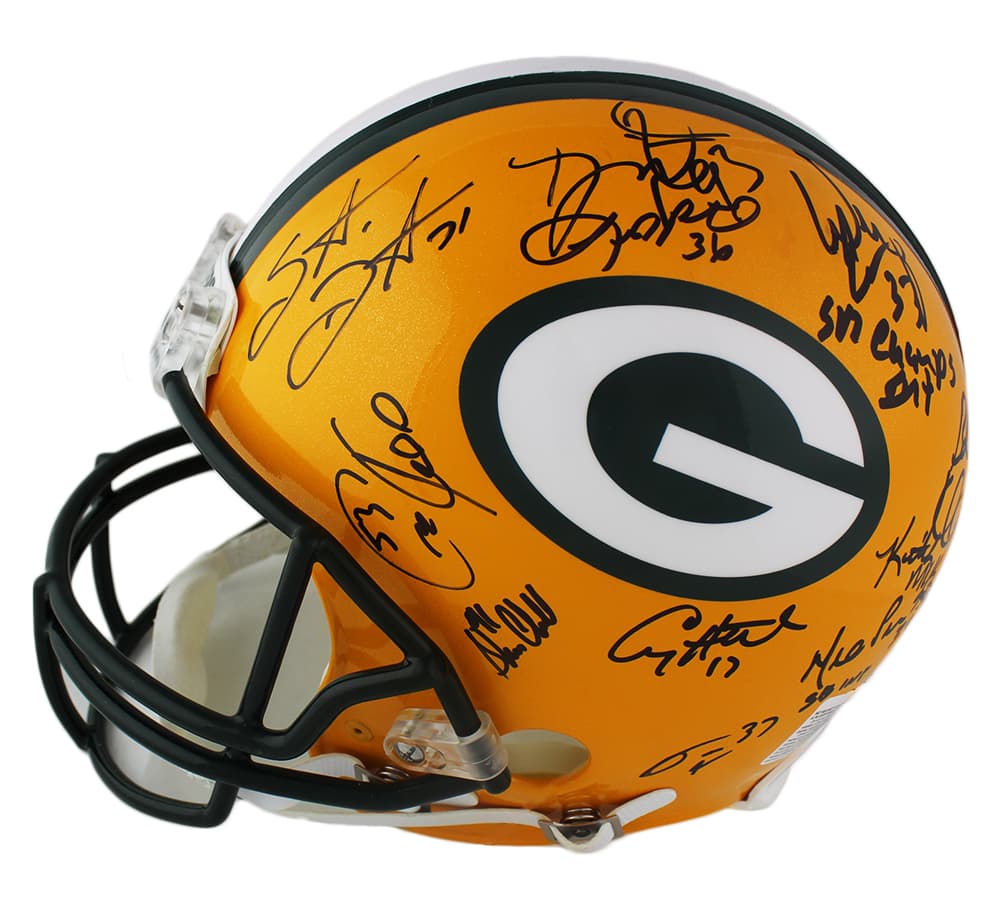 Super Bowl XXXI (31) Team Signed Green Bay Packers Authentic NFL Helmet with 23 Signatures Helmet super-bowl-xxxi-31-team-green, Green Bay Packers, view 5, supplier stock photo
