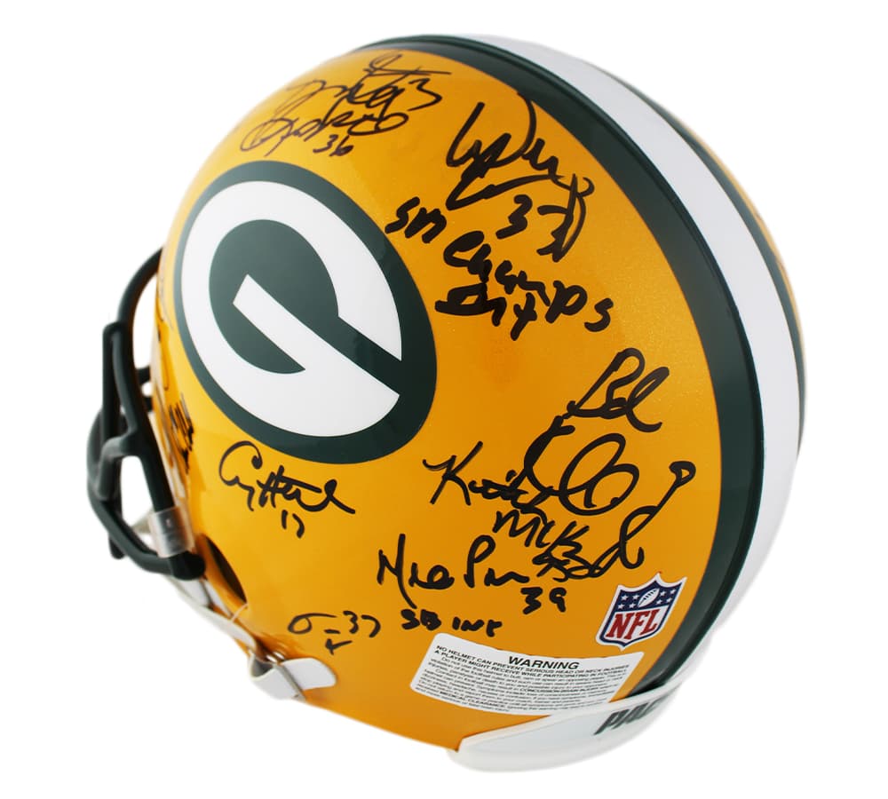 Super Bowl XXXI (31) Team Signed Green Bay Packers Authentic NFL Helmet with 23 Signatures Helmet super-bowl-xxxi-31-team-green, Green Bay Packers, view 4, supplier stock photo