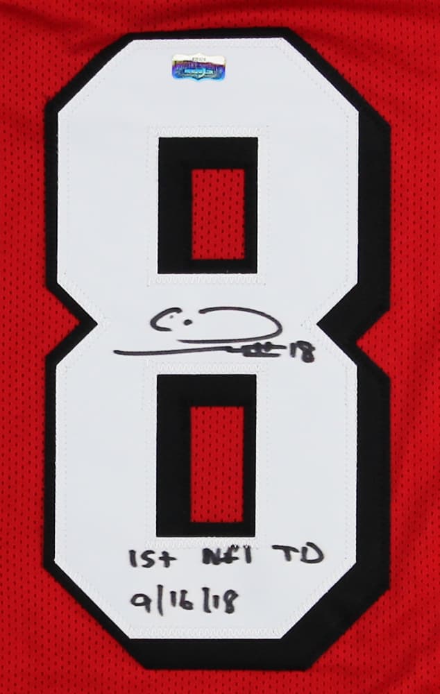 Calvin Ridley Signed Atlanta Custom Red Jersey with “1st NFL TD 9/16/18” Inscription Calvin Ridley Jersey calvin-ridley-atlanta-red-1st-nfl, view 2, supplier stock photo