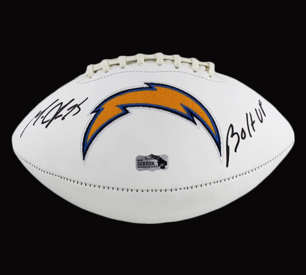 Melvin Gordon Signed Los Angeles Chargers Embroidered NFL Football with “Bolt Up” Inscription Melvin Gordon Ball melvin-gordon-los-angeles-chargers-embroidered, view 2, supplier stock photo