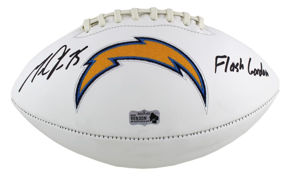 Melvin Gordon Signed Los Angeles Chargers NFL Embroidered Football with “Flash Gordon” Inscription Melvin Gordon Ball melvin-gordon-los-angeles-chargers-nfl, view 2, supplier stock photo
