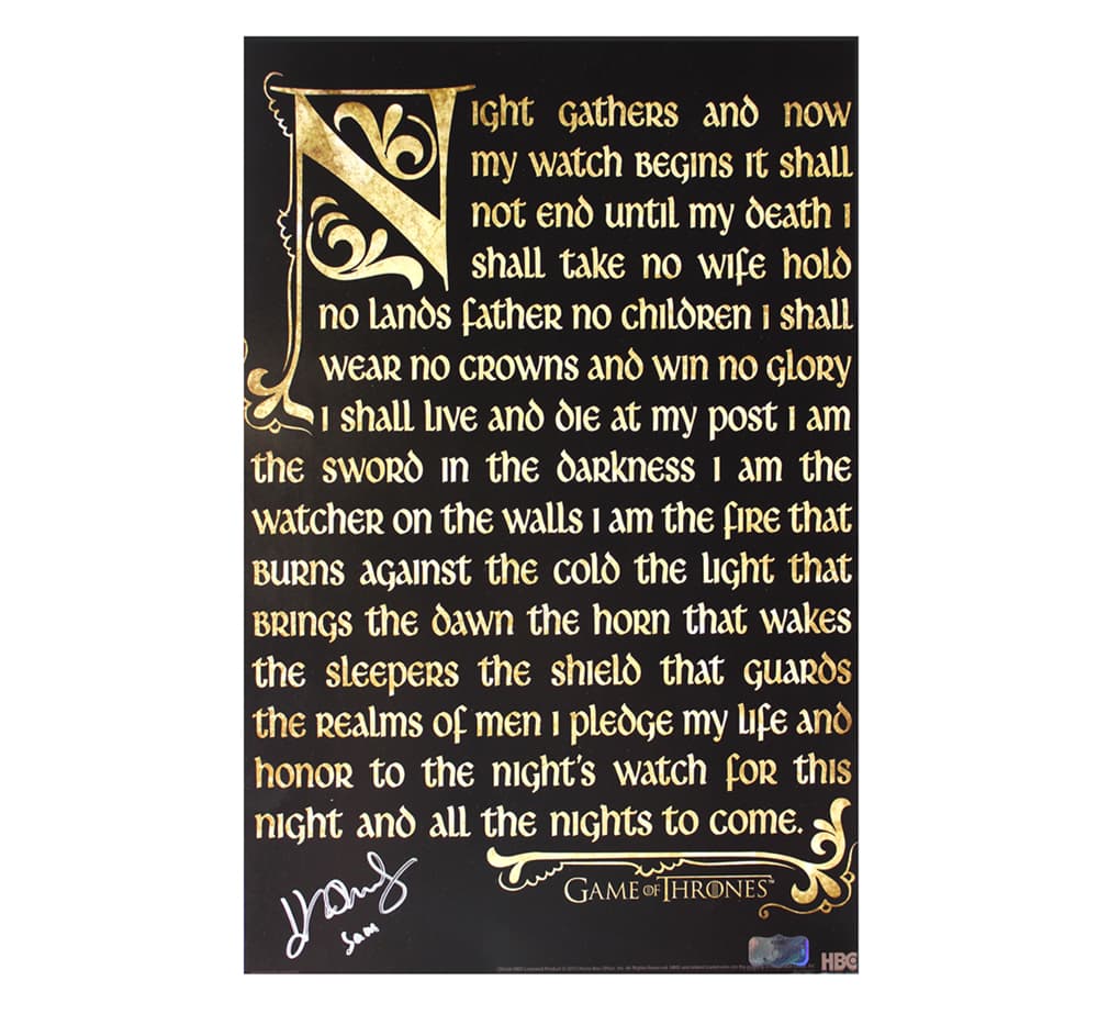 John Bradley Signed Game of Thrones Night’s Watch Oath 11×17 Photo with “Sam” Inscription John Bradley Photo 11x17-john-bradley-game-thrones-nights-watch, supplier stock photo