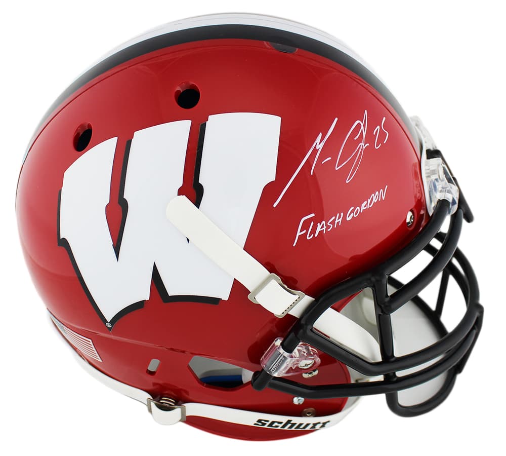Melvin Gordon Signed Wisconsin Badgers Schutt Authentic Red & Black NCAA Helmet with “Flash Gordon” Inscription Melvin Gordon Helmet melvin-gordon-wisconsin-badgers-schutt-red, Wisconsin Badgers, supplier stock photo