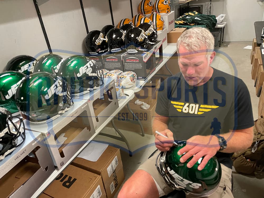 Brett Favre Signed New York Jets Speed Authentic Green NFL Helmet Brett Favre Helmet brett-favre-york-jets-speed-green, Green Bay Packers, view 3, supplier stock photo