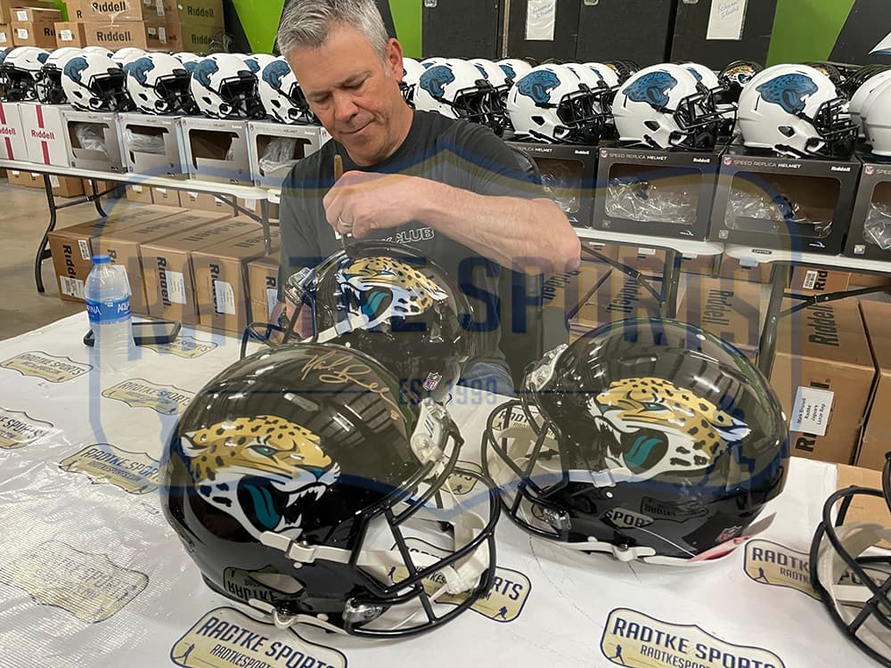 Mark Brunell Signed Jacksonville Jaguars Speed Authentic NFL Helmet Mark Brunell Helmet mark-brunell-jacksonville-jaguars-speed-nfl, view 3, supplier stock photo