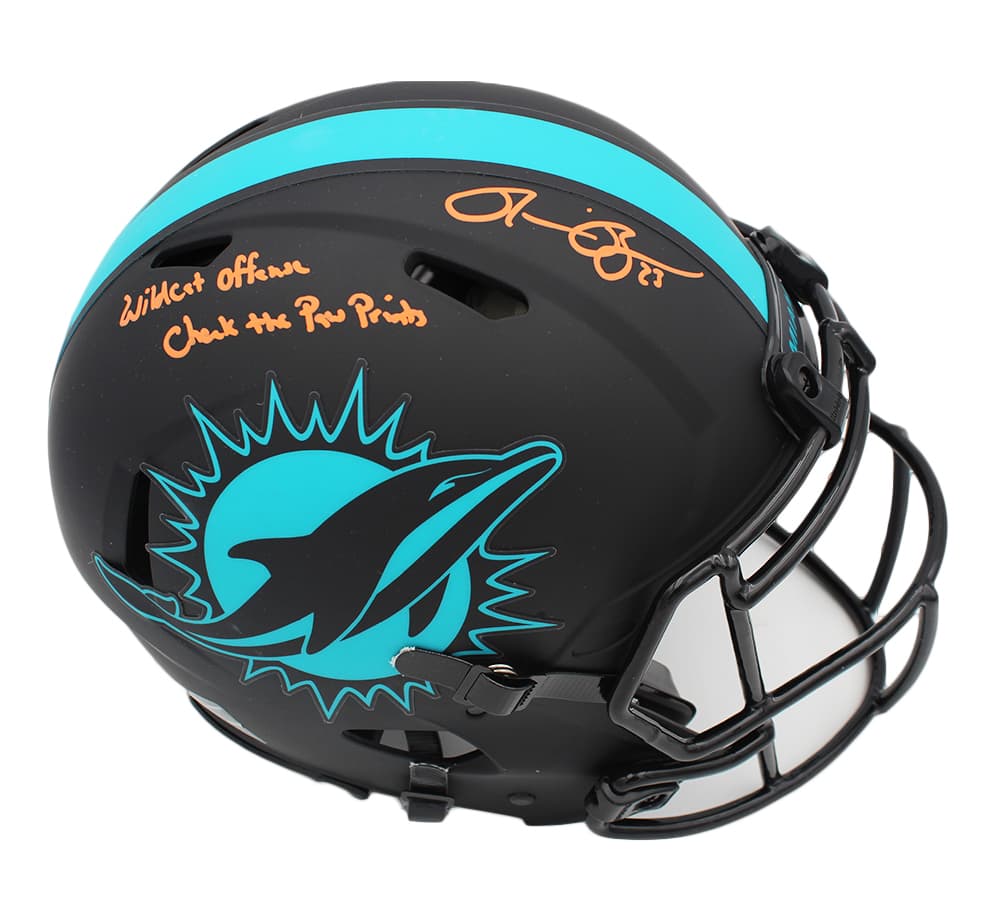 Ronnie Brown Signed Miami Dolphins Speed Authentic Eclipse NFL Helmet with “Wildcat Offense Check the Paw Prints” Inscription Ronnie Brown Helmet ronnie-brown-miami-dolphins-speed-eclipse, Miami Dolphins, supplier stock photo