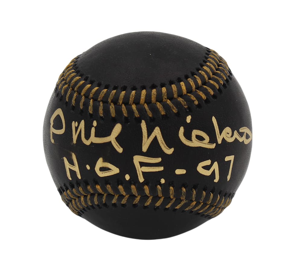 Phil Niekro Signed Atlanta Rawlings Black Official Major League Baseball with “HOF 97” Inscription Phil Niekro Ball phil-niekro-atlanta-rawlings-black-major, supplier stock photo