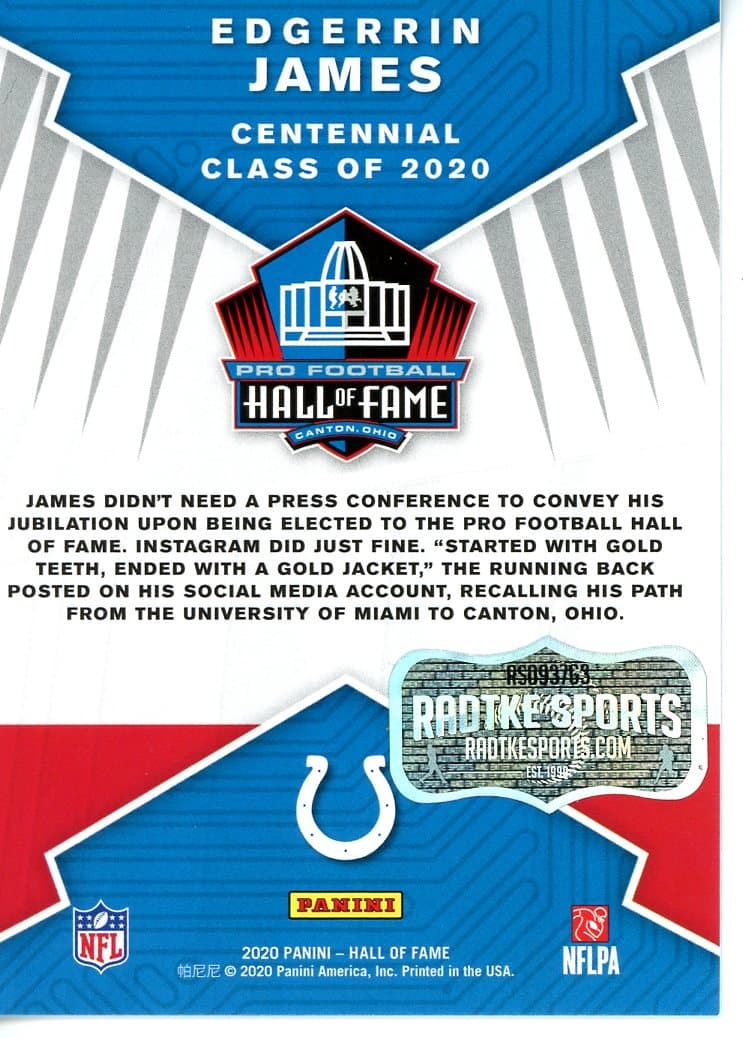 Edgerrin James Signed Indianapolis Colts NFL Card with “HOF 20” Inscription Edgerrin James Card edgerrin-james-indianapolis-colts-nfl-hof, view 2, supplier stock photo