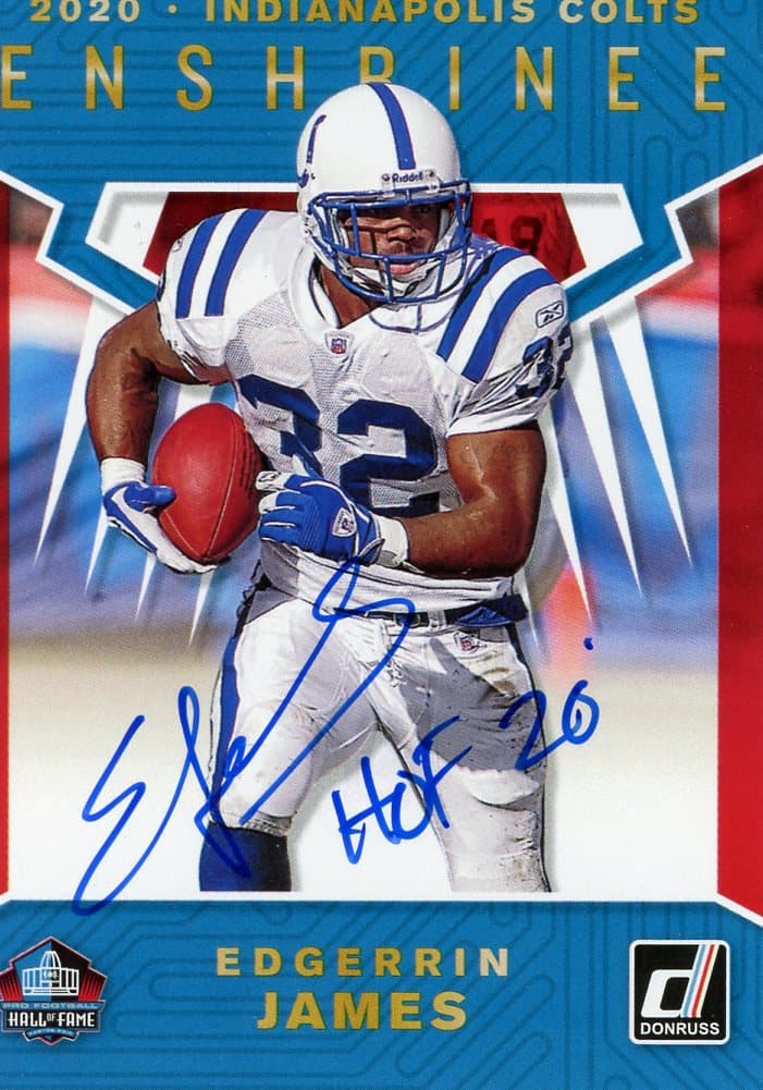 Edgerrin James Signed Indianapolis Colts NFL Card with “HOF 20” Inscription Edgerrin James Card edgerrin-james-indianapolis-colts-nfl-hof, supplier stock photo