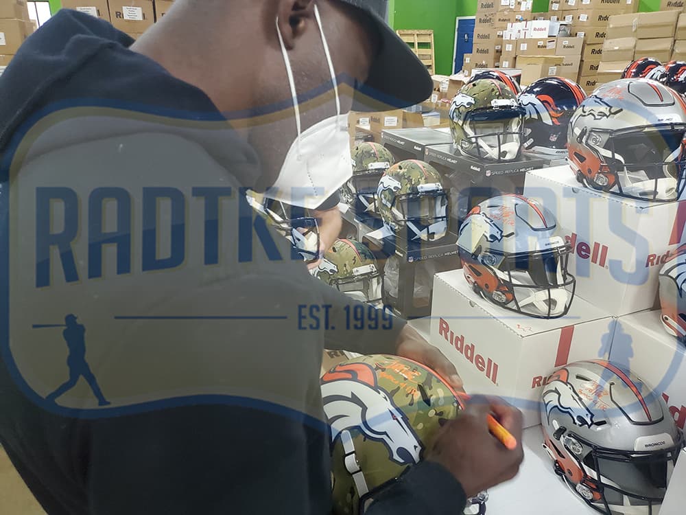 Terrell Davis Signed Denver Broncos Speed Full Size Camo NFL Helmet with “Broncos 4 Life” Inscription Terrell Davis Helmet terrell-davis-denver-broncos-speed-full, Denver Broncos, view 2, supplier stock photo