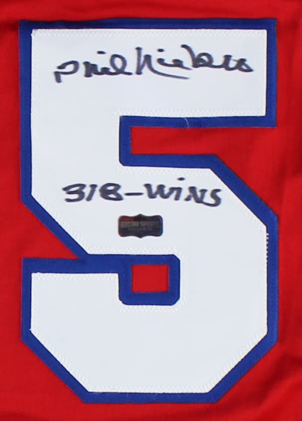Phil Niekro Signed Atlanta Custom Red Jersey with “318 Wins” Inscription Phil Niekro Jersey phil-niekro-atlanta-red-318-wins, view 2, supplier stock photo