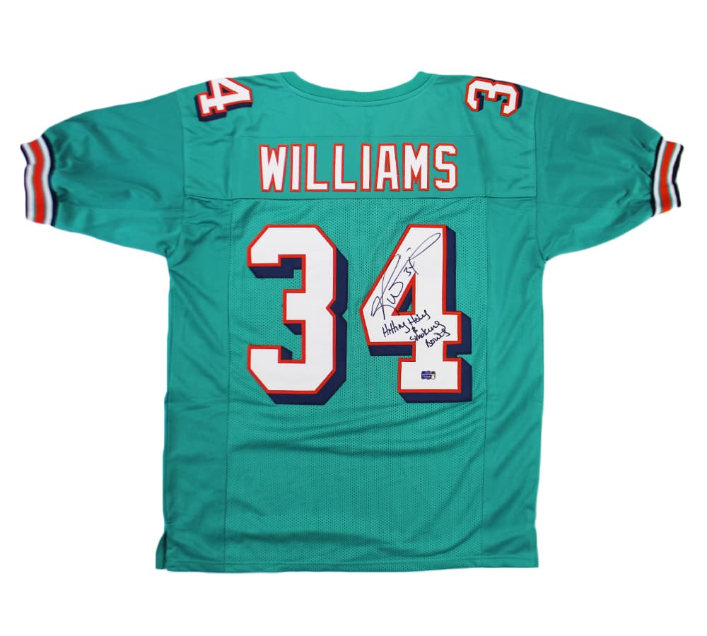 Ricky Williams Signed Miami Custom Teal Jersey with “Hitting Holes and Smoking Bowls” Inscription Ricky Williams Jersey ricky-williams-miami-teal-hitting-holes, supplier stock photo