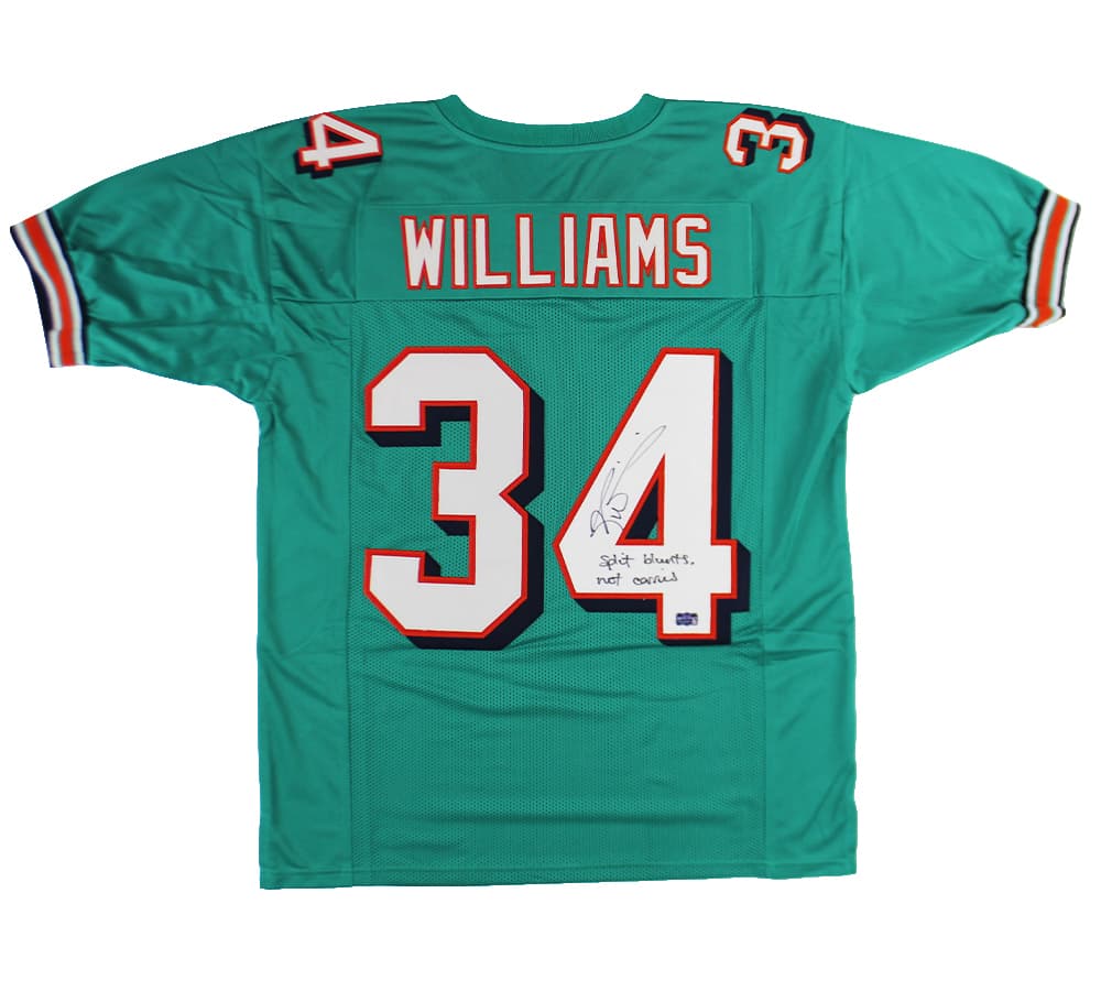 Ricky Williams Signed Miami Custom Teal Jersey with “Split Blunts Not Carries” Inscription Ricky Williams Jersey ricky-williams-miami-teal-split-blunts, supplier stock photo