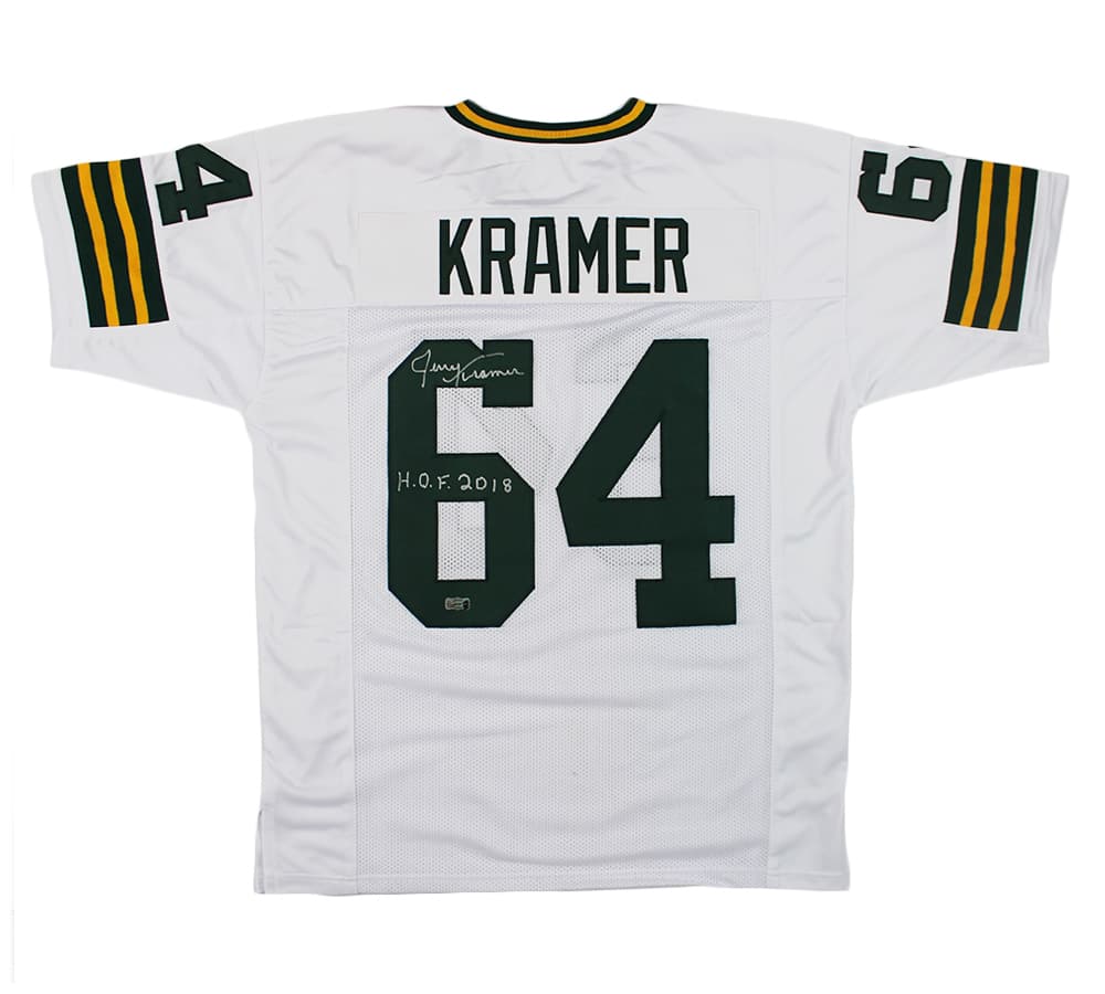 Jerry Kramer Signed Green Bay Custom White Short Sleeve Jersey with “HOF 2018” Inscription Jerry Kramer Jersey jerry-kramer-green-bay-white-short, supplier stock photo