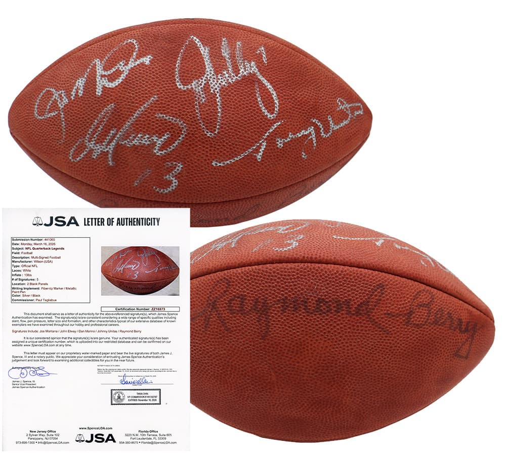 Joe Montana, John Elway, Dan Marino, Johnny Unitas, Raymond Berry Signed Wilson Authentic NFL Football Joe Montana Ball joe-montana-john-elway-dan-marino, San Francisco 49ers, supplier stock photo