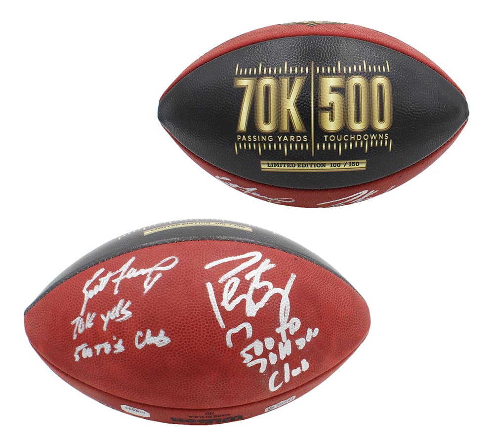 Brett Favre and Peyton Manning Signed Wilson Authentic 70K Yards and 500 TDs NFL Football with Yardage and TD Inscription LE of 150 Peyton Manning Ball brett-favre-peyton-manning-wilson-70k, supplier stock photo