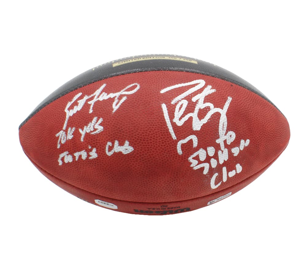 Brett Favre and Peyton Manning Signed Wilson Authentic 70K Yards and 500 TDs NFL Football with Yardage and TD Inscription LE of 150 Peyton Manning Ball brett-favre-peyton-manning-wilson-70k, view 2, supplier stock photo