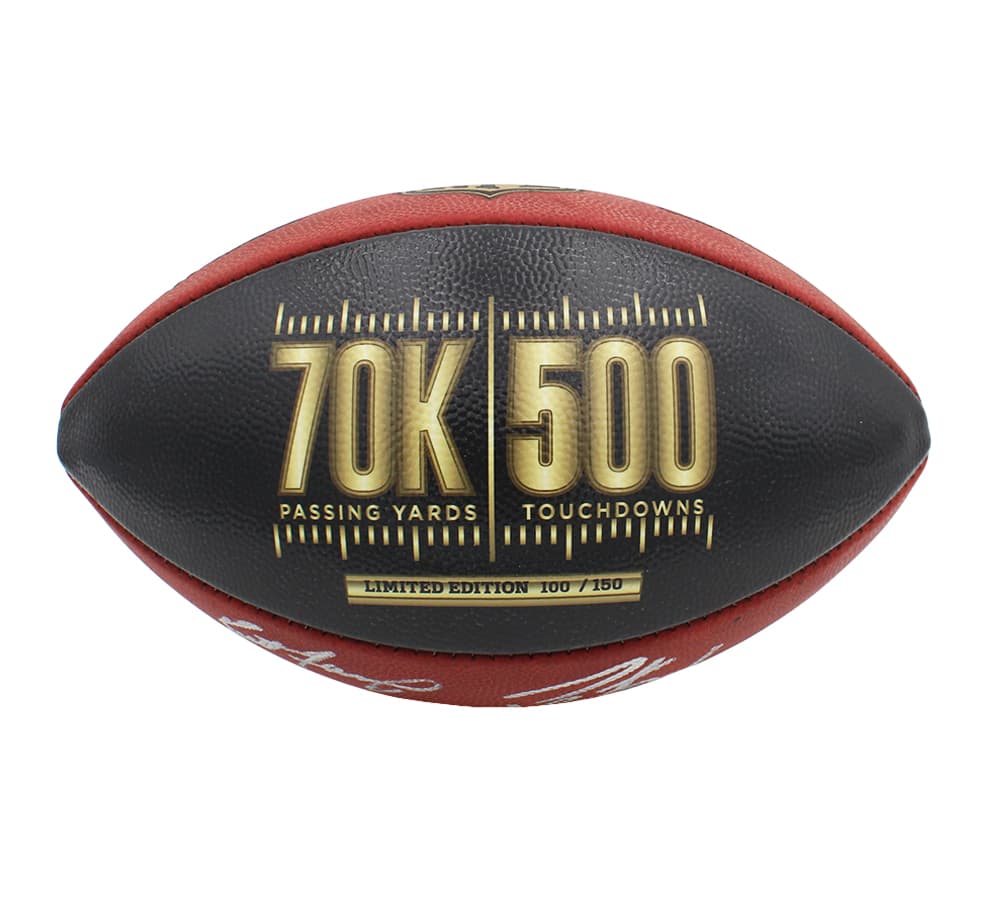 Brett Favre and Peyton Manning Signed Wilson Authentic 70K Yards and 500 TDs NFL Football with Yardage and TD Inscription LE of 150 Peyton Manning Ball brett-favre-peyton-manning-wilson-70k, view 3, supplier stock photo