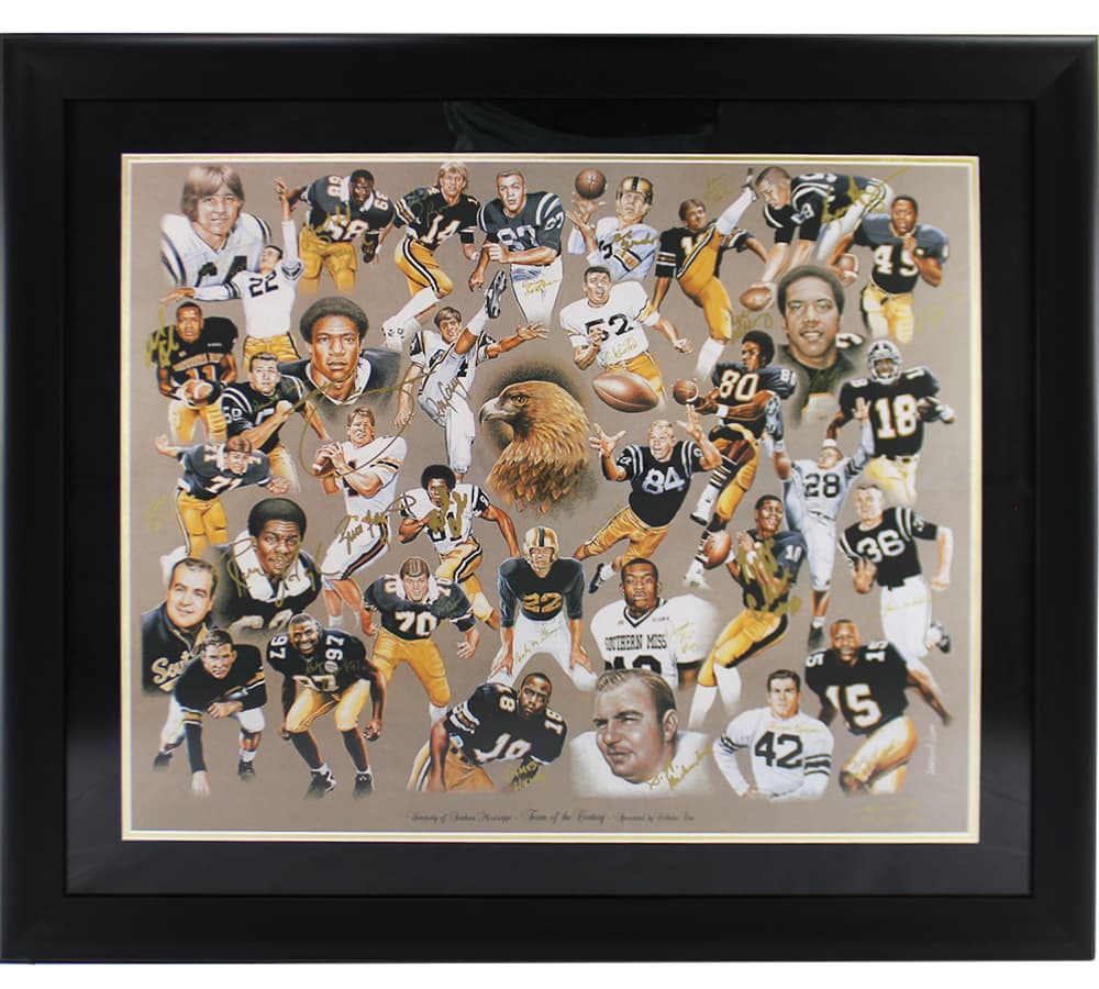 Multi-Signed USM Golden Eagles Framed Lithograph Print with 32 Signatures including Brett Favre, Ray Guy, Reggie Collier Brett Favre Photo multi-usm-golden-eagles-framed-lithograph, Philadelphia Eagles, supplier stock photo