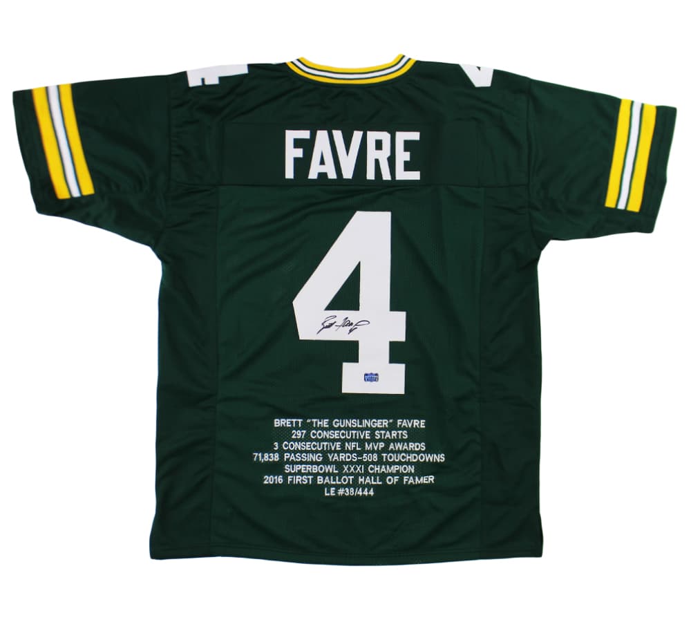 Brett Favre Signed Green Bay Custom Green Sewn Stats Jersey Limited Edition of 444 Brett Favre Jersey brett-favre-green-bay-sewn-stats, Green Bay Packers, supplier stock photo