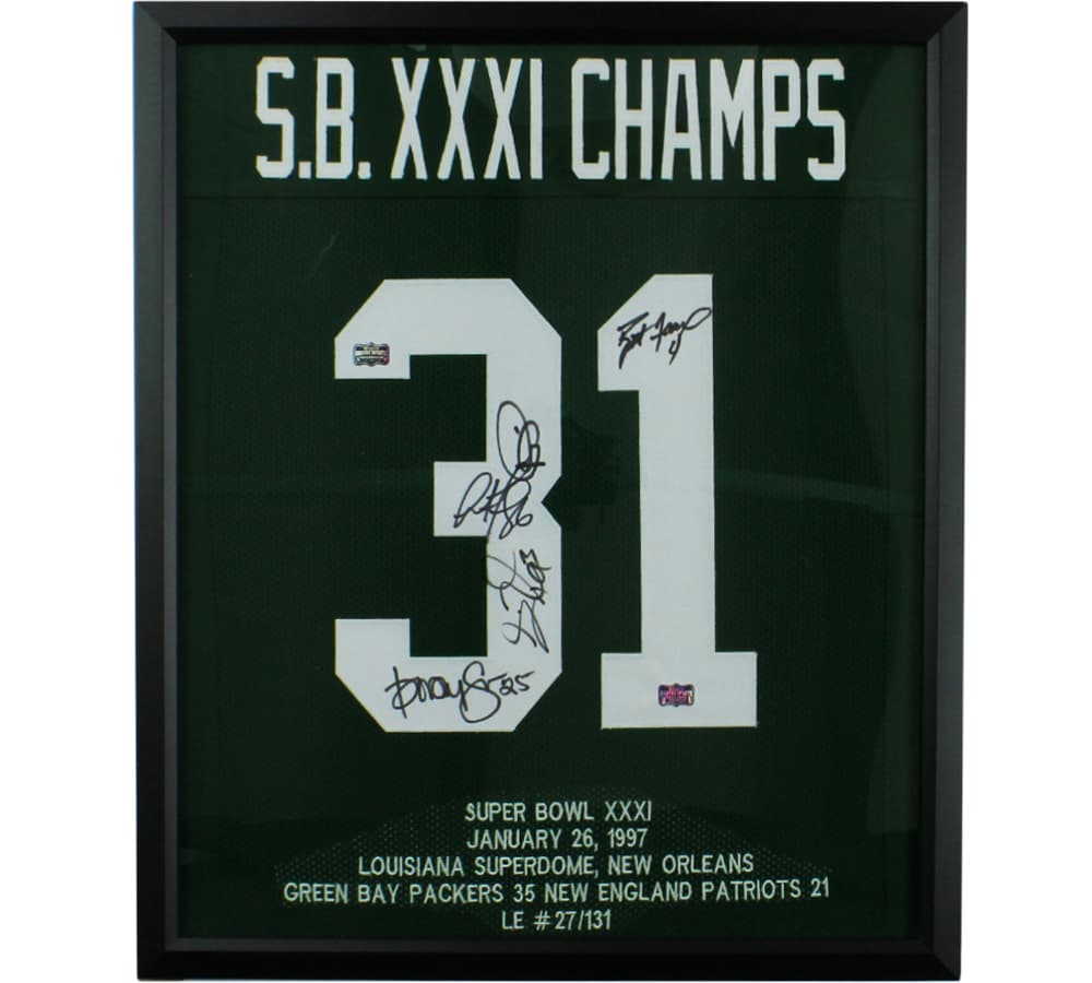 Brett Favre, Andre Rison, Dorsey Leven, Gilbert Brown & Antonio Freeman Multi-Signed Green Bay Framed Green Super Bowl Jersey – Limited Edition of 131 Brett Favre Jersey brett-favre-andre-rison-dorsey-leven, Green Bay Packers, supplier stock photo