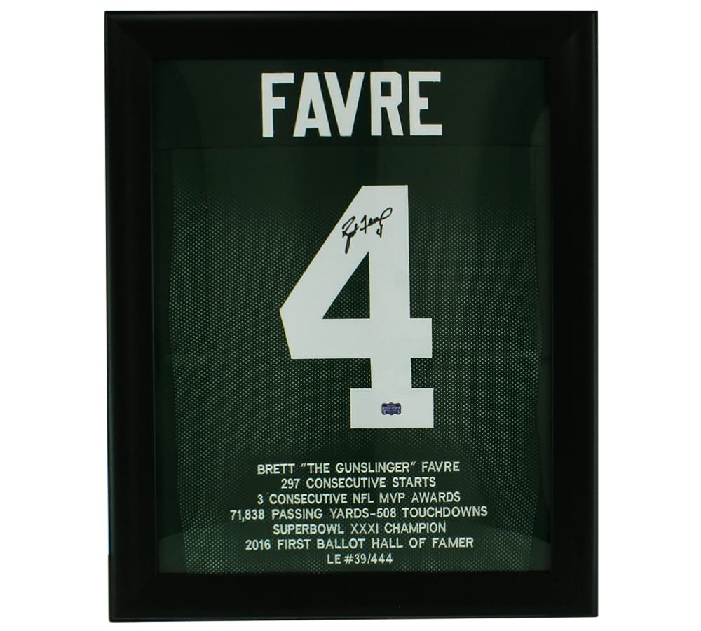 Brett Favre Signed Green Bay Framed Green Custom Jersey with Sewn Stats Limited Edition of 444 Brett Favre Jersey brett-favre-green-bay-framed-sewn, Green Bay Packers, supplier stock photo