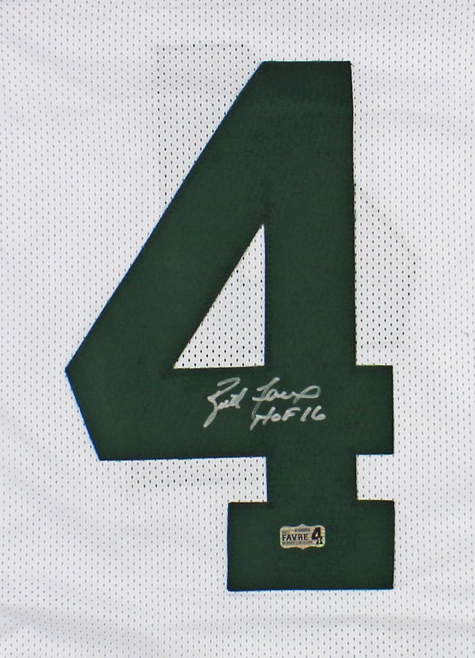 Brett Favre Signed Green Bay Custom White Jersey with “HOF 16” Inscription Brett Favre Jersey brett-favre-green-bay-white-hof, Green Bay Packers, view 2, supplier stock photo