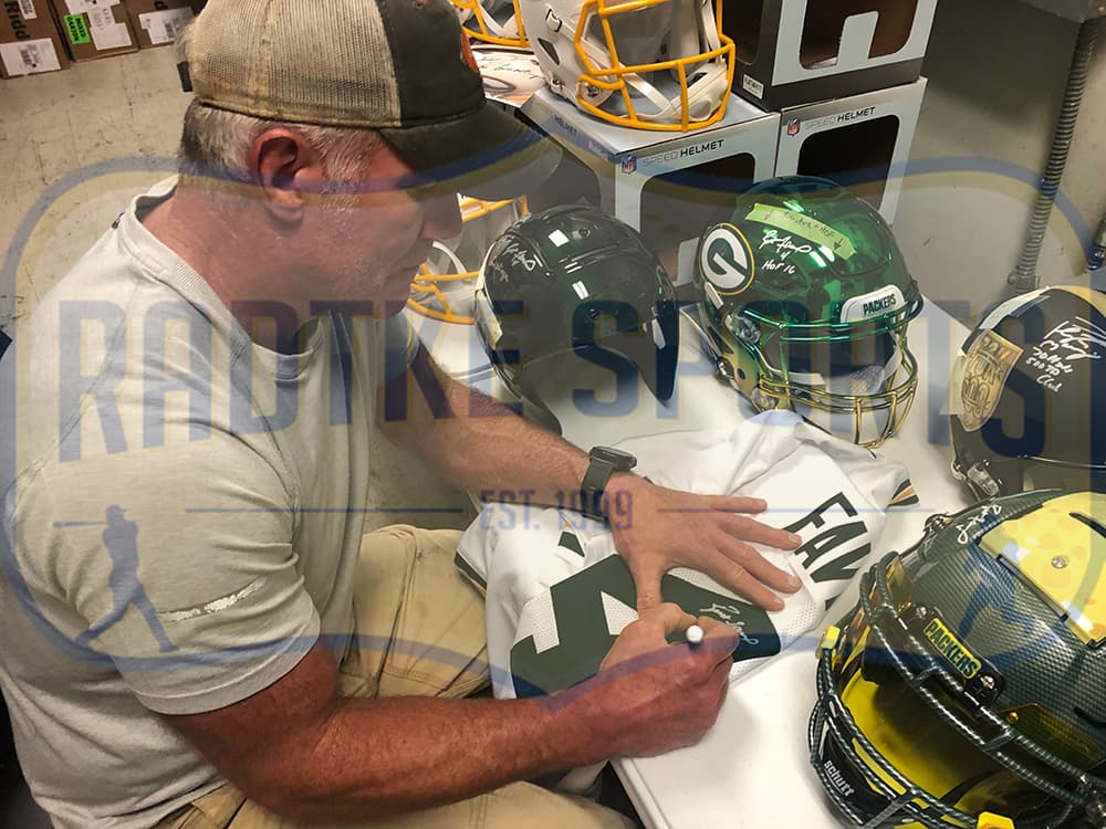 Brett Favre Signed Green Bay Custom White Jersey with “HOF 16” Inscription Brett Favre Jersey brett-favre-green-bay-white-hof, Green Bay Packers, view 3, supplier stock photo