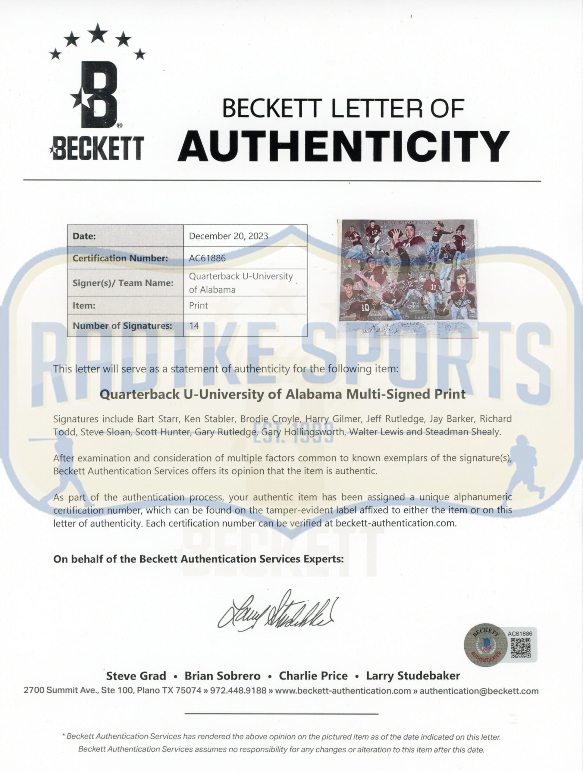Multi-Signed Signed Alabama Crimson Tide Framed Quarterback U Print LE of 160 Photo multi-alabama-crimson-tide-framed-quarterback, Alabama Crimson Tide, view 5, supplier stock photo
