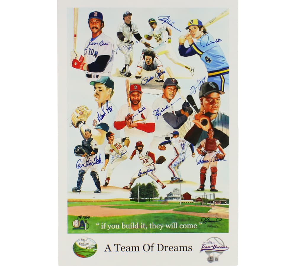 Jim Rice, Reggie Jackson, Rickey Henderson Multi-Signed Field of Dreams A Team of Dreams Unframed 16×23 MLB Print with 13 additional signatures – PP 13/14 Rickey Henderson Photo 16x23-jim-rice-reggie-jackson-rickey-henderson, Oakland Athletics, supplier stock photo