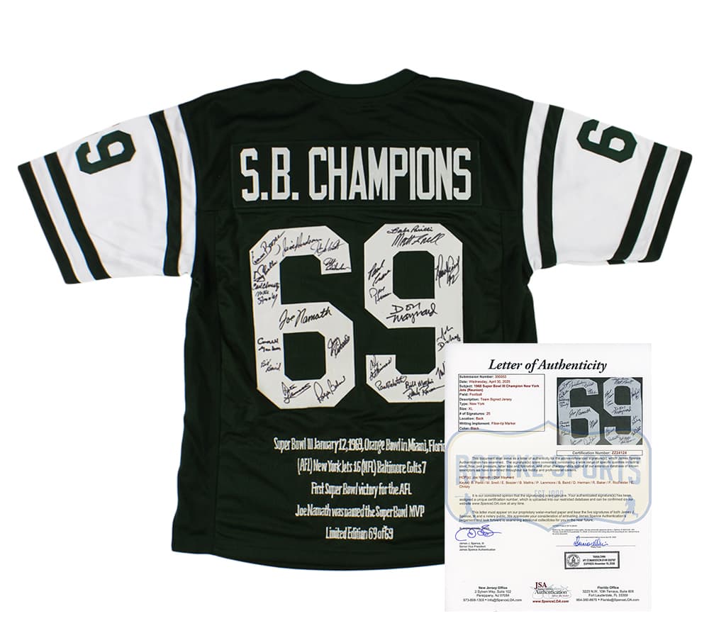 1969 New York Jets Alumni Signed New York Jets Custom S.B. Champions Green NFL Jersey with 25 Signatures including Joe Namath & Don Maynard Joe Namath Jersey 1969-york-jets-alumni-champions-green, supplier stock photo