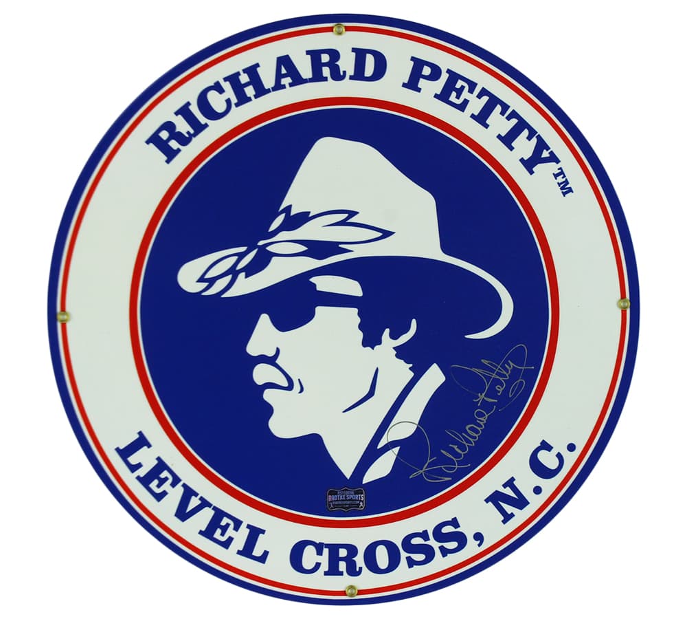 Richard Petty Signed Level Cross, NC with Face 14″ Diameter Metal Sign Richard Petty Other richard-petty-level-cross-nc-face, supplier stock photo
