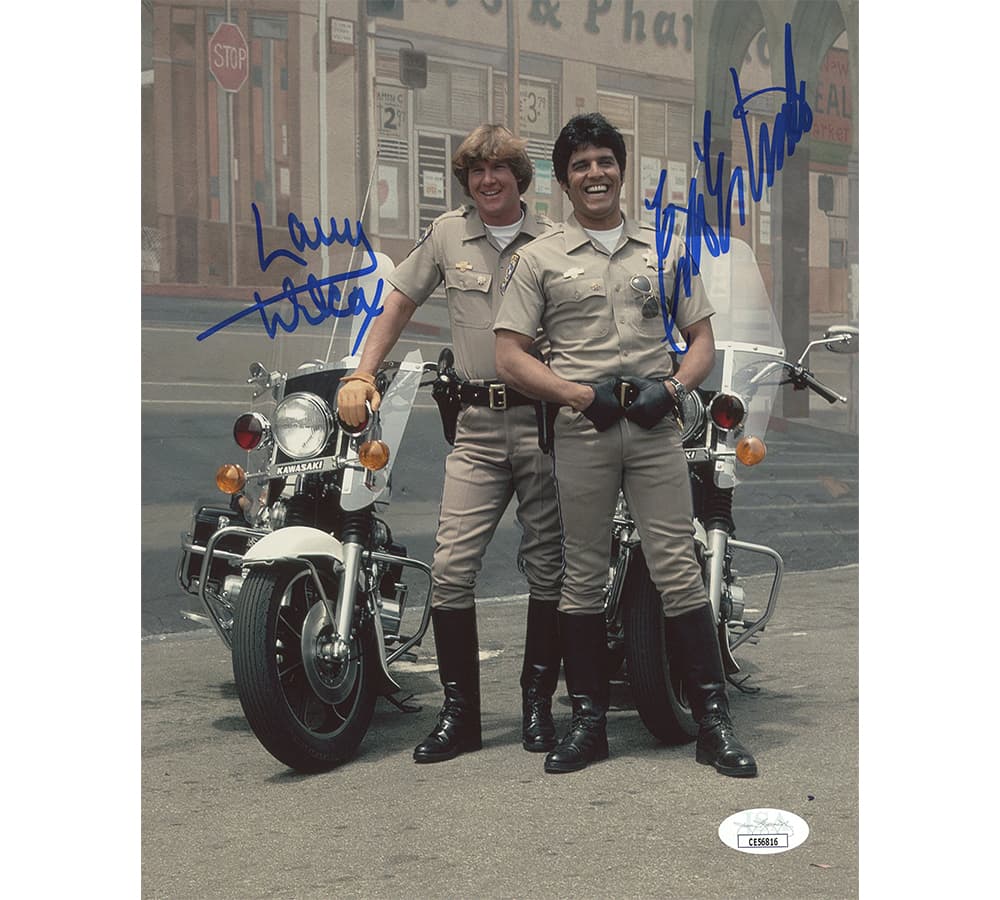 Erik Estrada and Larry Wilcox Signed CHiPs Unframed 8×10 Photo in Uniform Erik Estrada Jersey 8x10-erik-estrada-larry-wilcox-chips-unframed, supplier stock photo