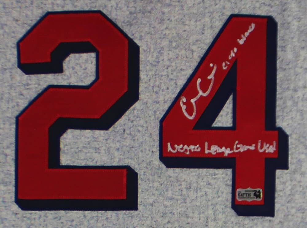 Evan Gattis Signed Game Used Atlanta Braves Gray Jersey with “El Oso Blanco” & “Negro League Game Used” Inscription Jersey evan-gattis-game-used-atlanta-braves, Atlanta Braves, view 2, supplier stock photo