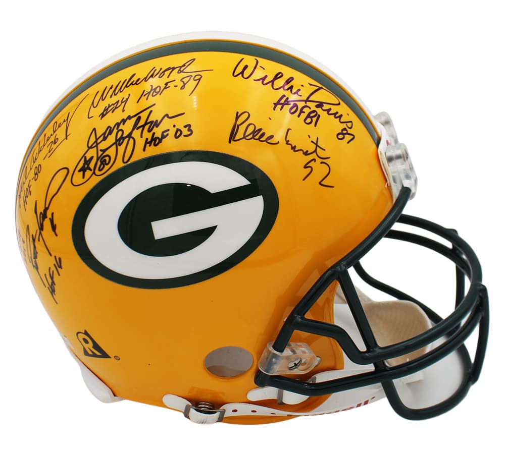 Multi-Signed Green Bay Packers Hall of Famers Proline Helmet with 12 Signatures and HOF Inscriptions including Brett Favre, Bart Starr, & Reggie White Brett Favre Helmet multi-green-bay-packers-hall-famers, Green Bay Packers, supplier stock photo
