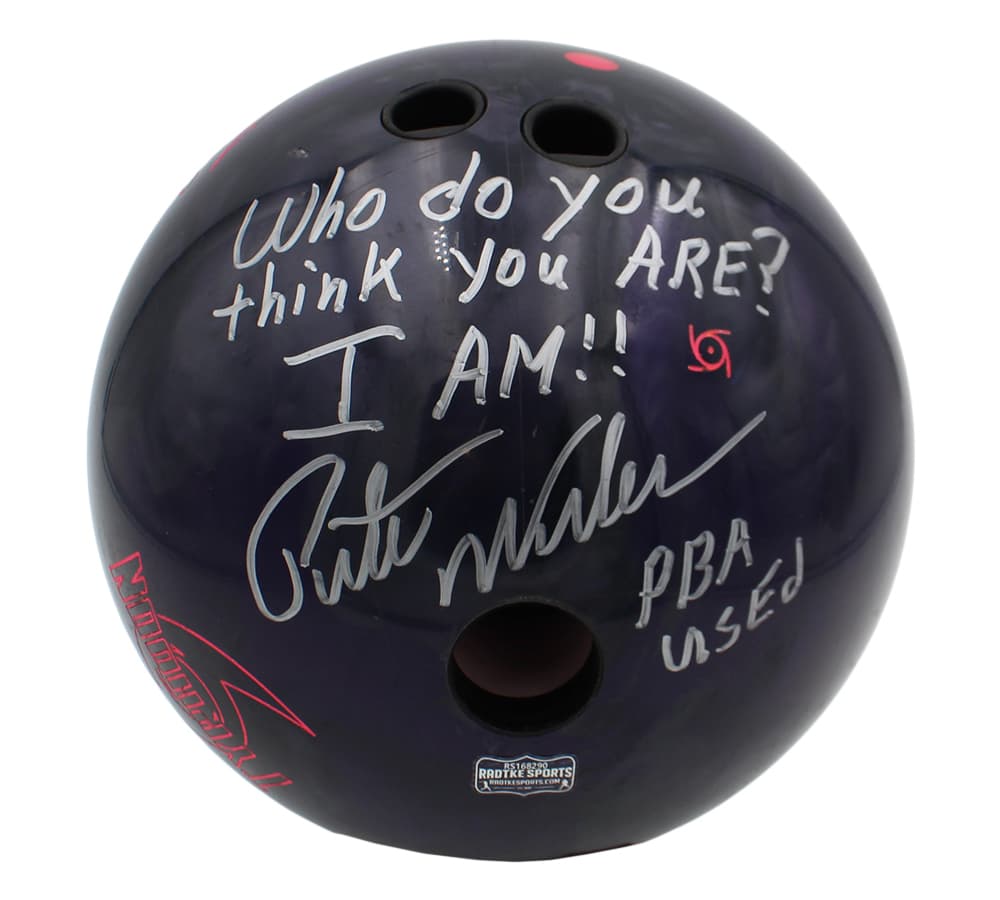 Pete Weber Signed Game Used Typhoon Purple and Silver Bowling Ball with “Who Do You Think You Are? I Am!!” Inscription Pete Weber Ball pete-weber-game-used-typhoon-purple, supplier stock photo