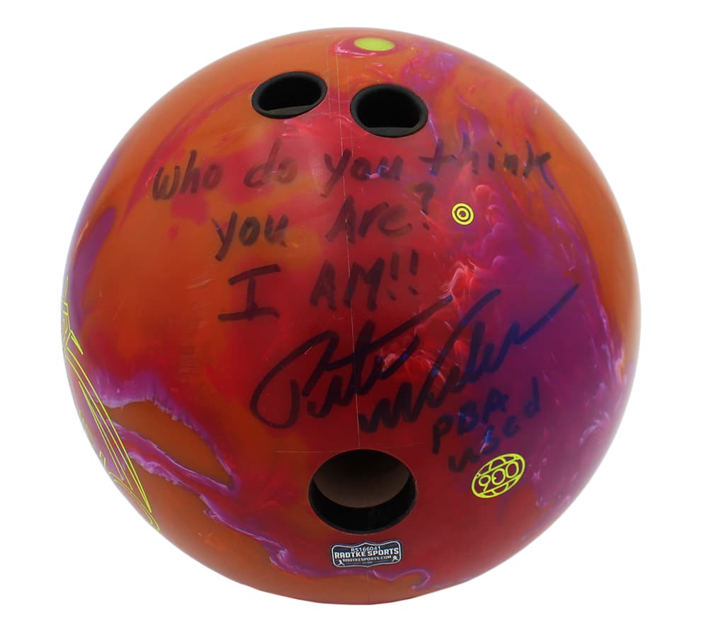 Pete Weber Signed Game Used Global Orange, Pink Bowling Ball with “Who Do You Think You Are? I Am!!” Inscription Pete Weber Ball pete-weber-game-used-global-orange, supplier stock photo