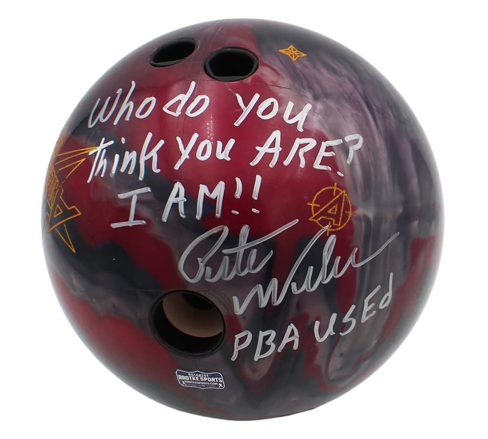 Pete Weber Signed Game Used Attention Star Gray and Purple Bowling Ball with “Who Do You Think You Are? I Am!!” Inscription Pete Weber Ball pete-weber-game-used-attention-star, supplier stock photo