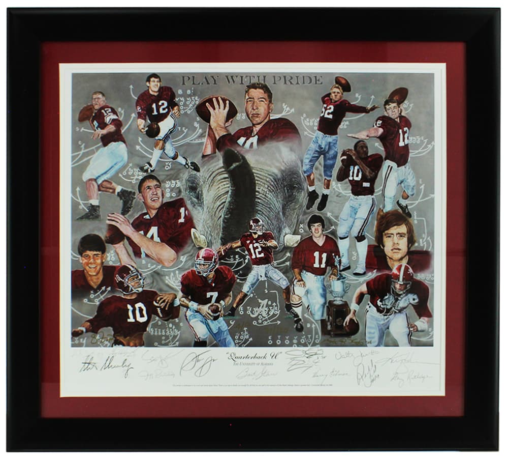 Bart Starr, Ken Stabler, Brodie Croyle, Richard Todd Signed Alabama Crimson Tide Framed with Red Matte Quarterback U Lithograph Print LE of 120 Photo bart-starr-ken-stabler-brodie-croyle, Alabama Crimson Tide, supplier stock photo