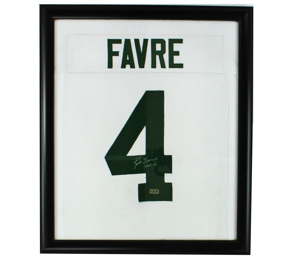 Brett Favre Signed Green Bay Framed Custom White Jersey with “HOF 16” Inscription Brett Favre Jersey brett-favre-green-bay-framed-white, Green Bay Packers, supplier stock photo