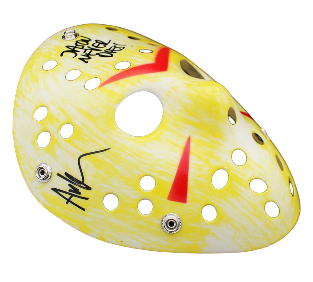 Ari Lehman Signed Friday the 13th Yellow & White Costume Mask with “Jason 1 & Jason Never Dies” Inscription Ari Lehman Other ari-lehman-friday-13th-yellow-white, supplier stock photo