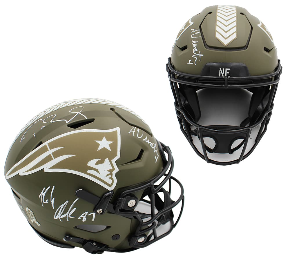 Rob Gronkowski, Tom Brady and Adam Vinatieri Signed New England Patriots Speed Flex Authentic Salute to Service NFL Helmet Rob Gronkowski Helmet rob-gronkowski-tom-brady-adam-vinatieri, New England Patriots, supplier stock photo