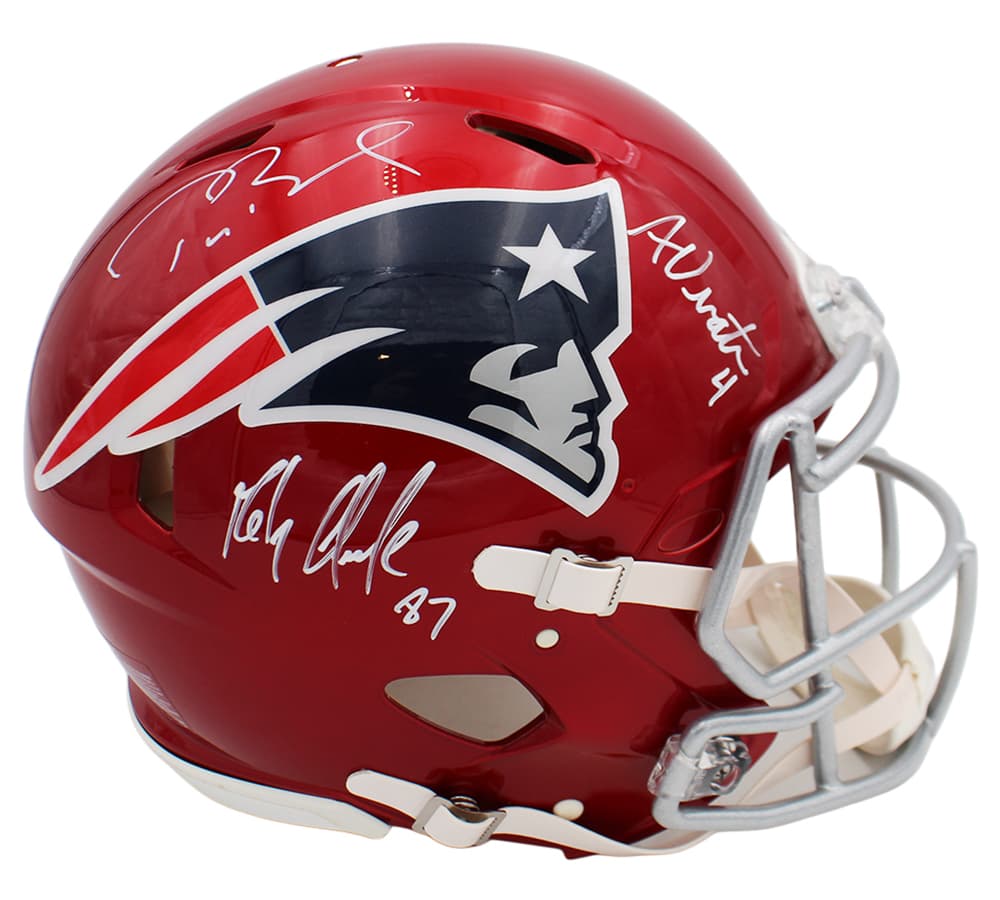 Rob Gronkowski, Tom Brady and Adam Vinatieri Signed New England Patriots Speed Authentic Flash NFL Helmet Rob Gronkowski Helmet rob-gronkowski-tom-brady-adam-vinatieri, New England Patriots, supplier stock photo