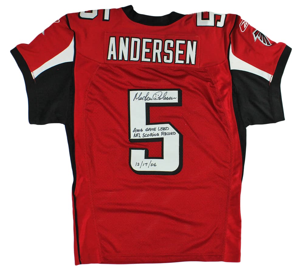 Morten Andersen Signed Atlanta Falcons Game Used Red Reebox Jersey With “2006 Game Used NFL Scoring Record 12/17/06” Inscription Morten Andersen Jersey morten-andersen-atlanta-falcons-game-used, supplier stock photo