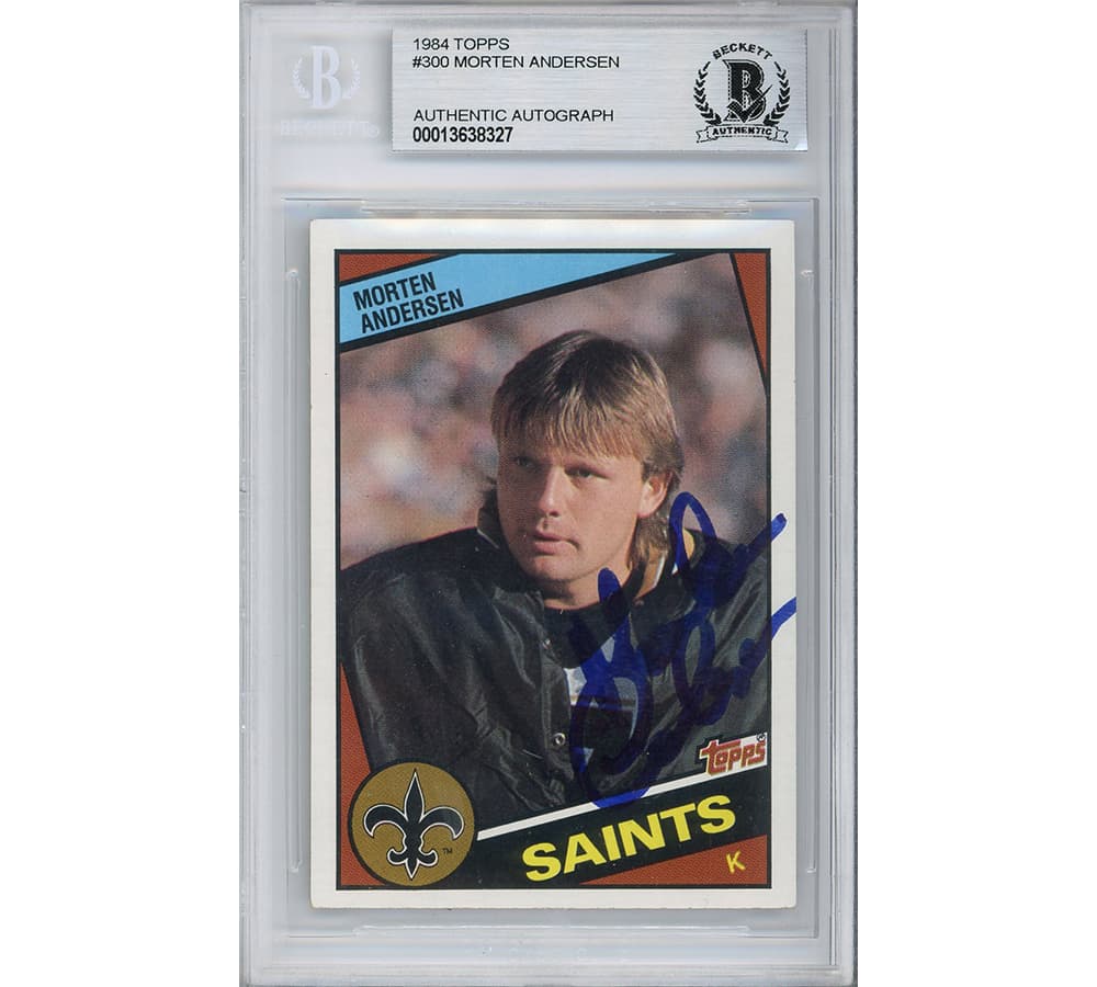 Morten Andersen Signed New Orleans Saints 1984 Topps #300 Encapsulated Card – Blue Ink Morten Andersen Card morten-andersen-orleans-saints-1984-topps, supplier stock photo