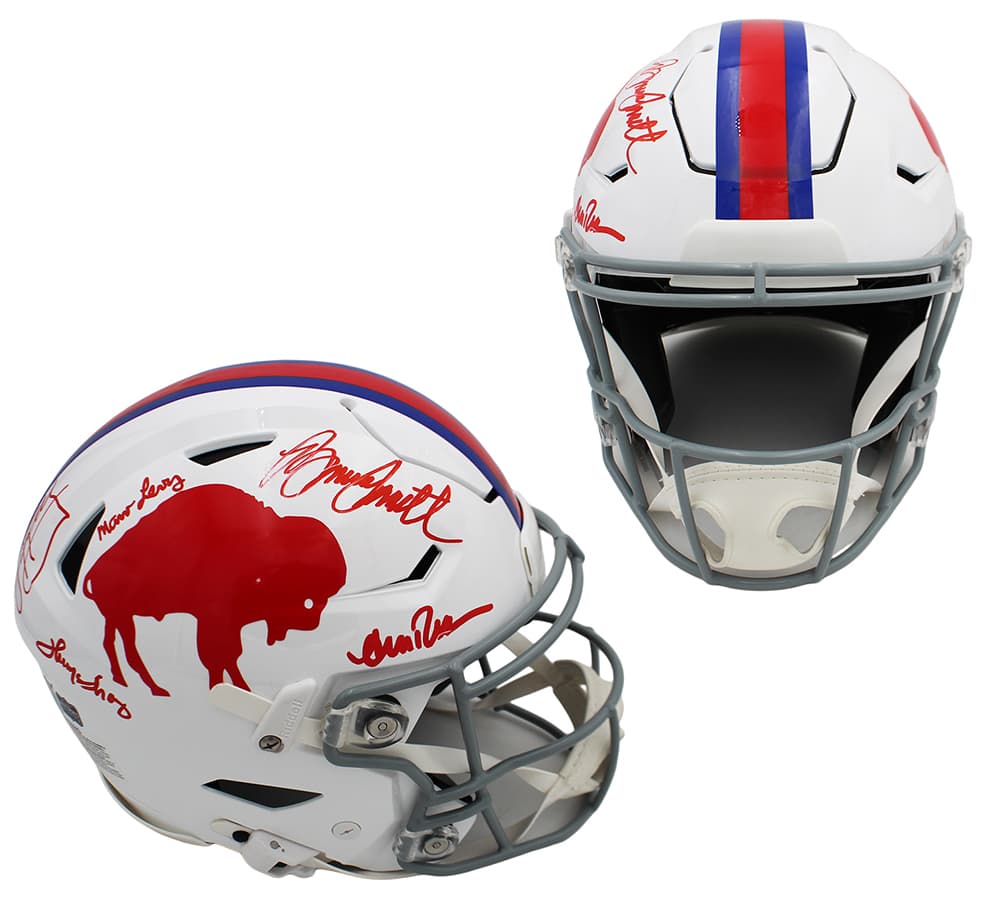 Jim Kelly, Thurman Thomas Andre Reed, Bruce Smith & Marv Levy Signed Buffalo Bills SpeedFlex Authentic Throwback White NFL Helmet Jim Kelly Helmet jim-kelly-thurman-thomas-andre-reed, Buffalo Bills, supplier stock photo