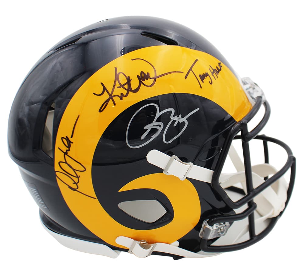 Kurt Warner, Torry Holt, Marshall Faulk and Bruce Smith Signed Los Angeles Rams Speed Authentic NFL Helmet Kurt Warner Helmet kurt-warner-torry-holt-marshall-faulk, supplier stock photo
