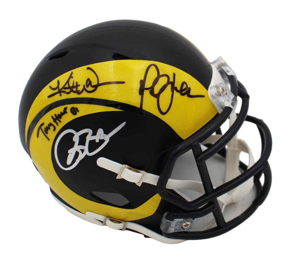 Kurt Warner, Torry Holt, Marshall Faulk and Bruce Smith Signed Los Angeles Rams Speed Rivalries NFL Mini Helmet Kurt Warner Helmet kurt-warner-torry-holt-marshall-faulk, supplier stock photo