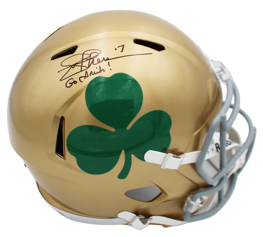 Joe Theismann Signed Notre Dame Speed Full Size Shamrock NCAA Helmet with “Go Irish” Inscription Joe Theismann Helmet joe-theismann-notre-dame-speed-full, Notre Dame Fighting Irish, supplier stock photo